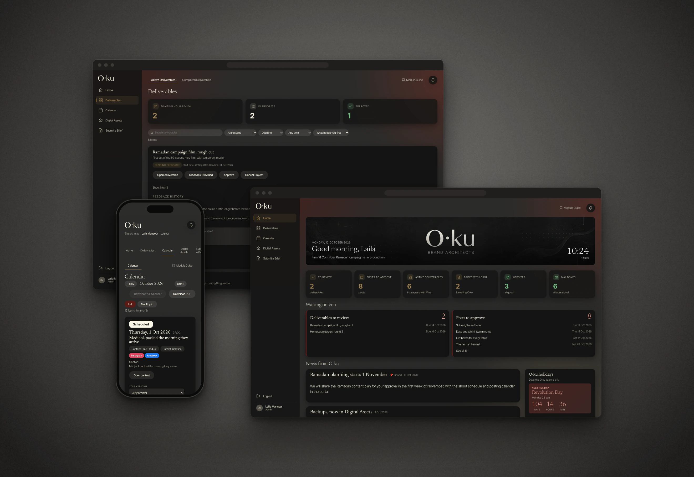 The O·ku client portal on a laptop and a phone: the Home screen, Deliverables and the content calendar
