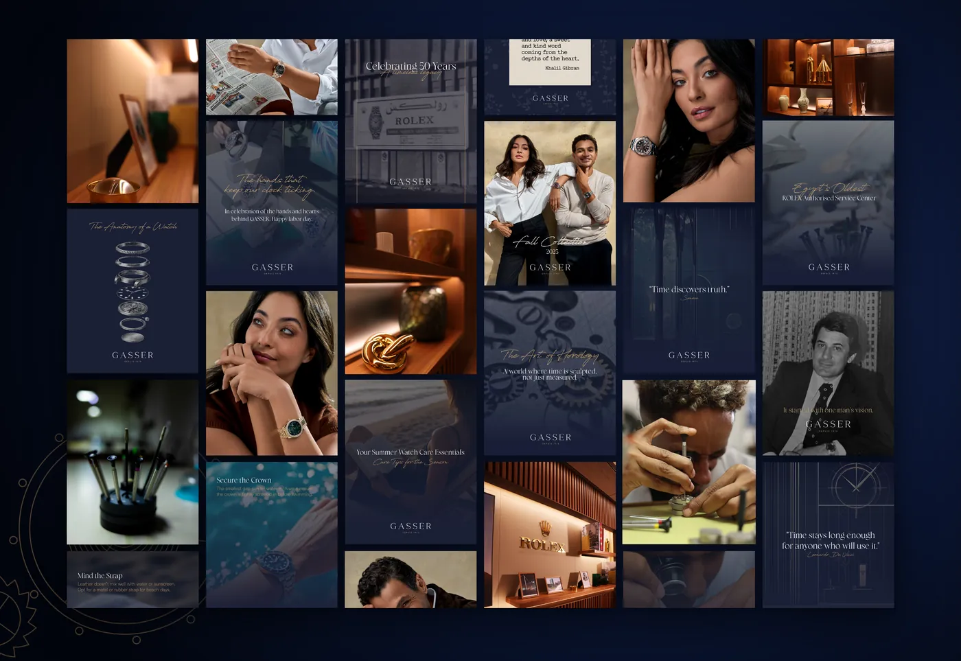 GASSER's social content laid out together: campaign portraits, watchmakers at the bench, the boutique and editorial posts.