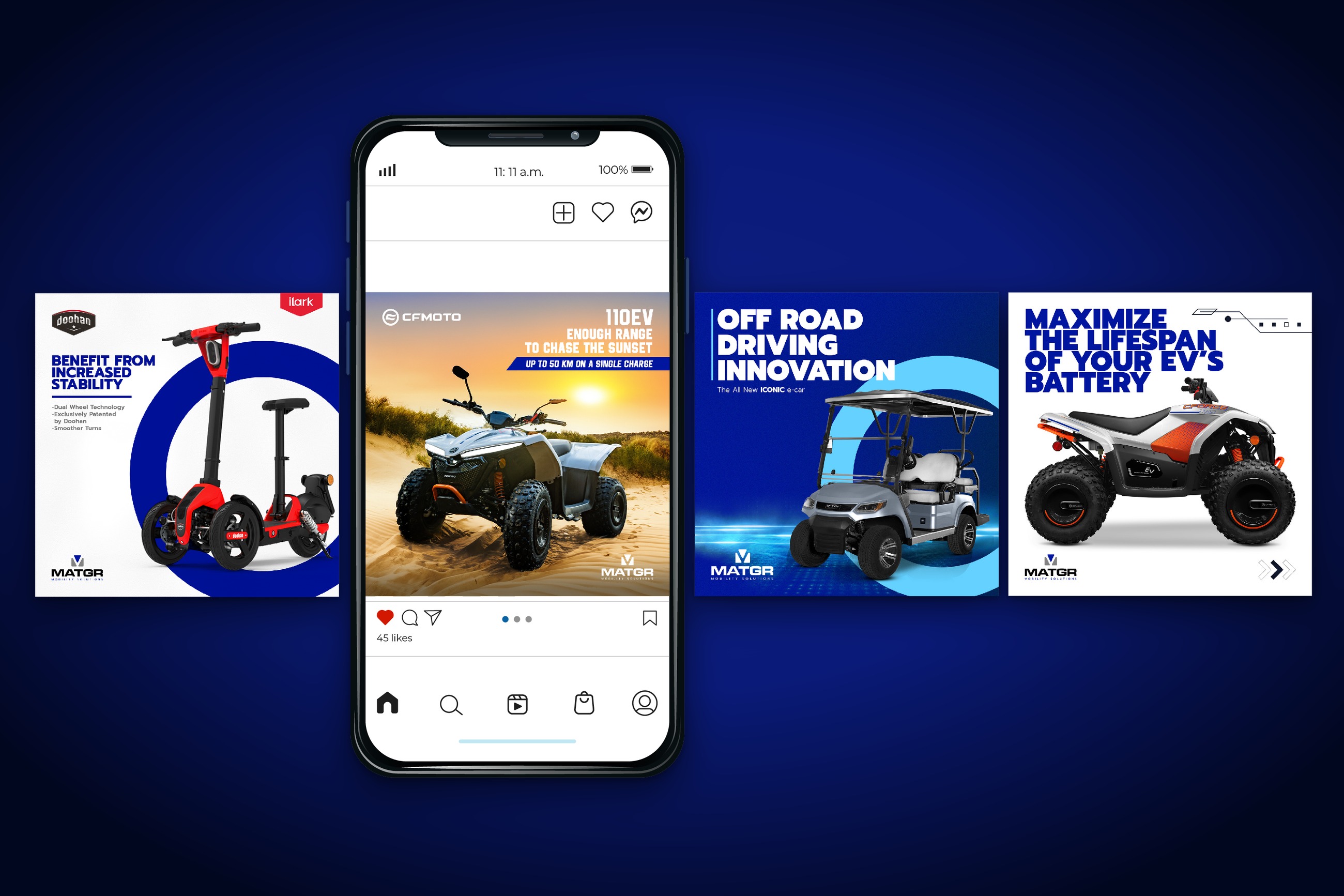 MATGR social posts for its electric vehicles, set around a phone feed.