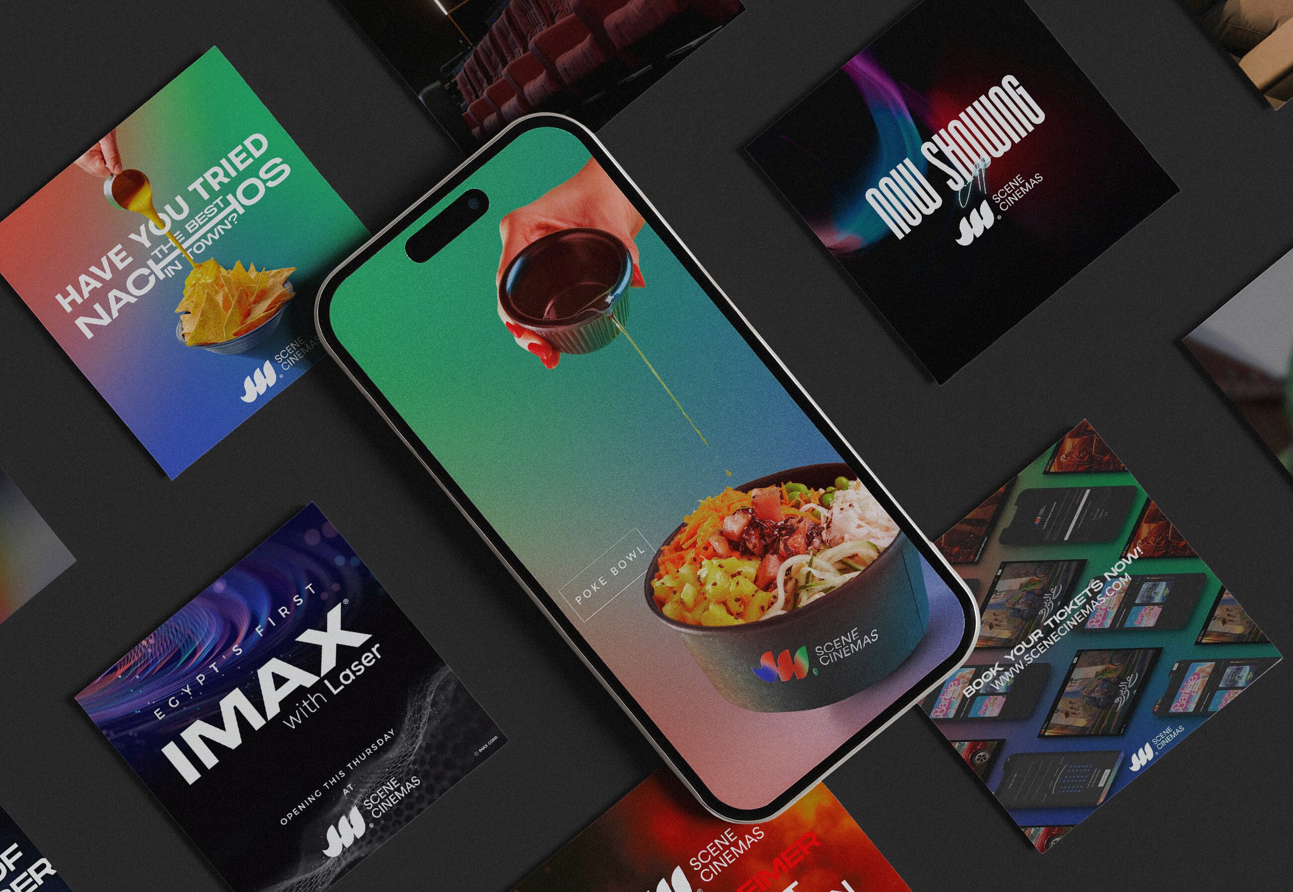 Scene Cinemas IMAX with Laser launch posts and the app, laid out together.