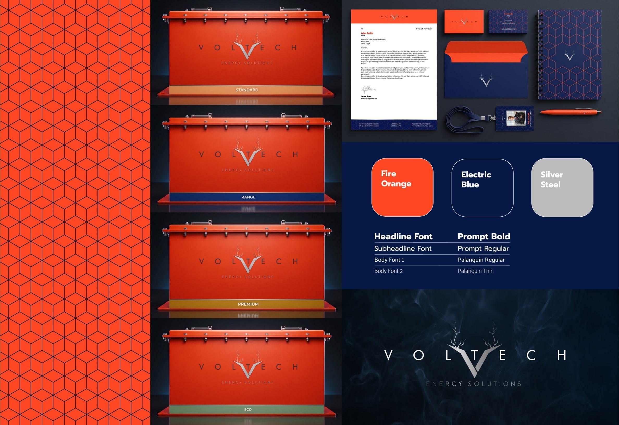 The Voltech identity: the battery range, logo, colour palette, pattern and stationery.