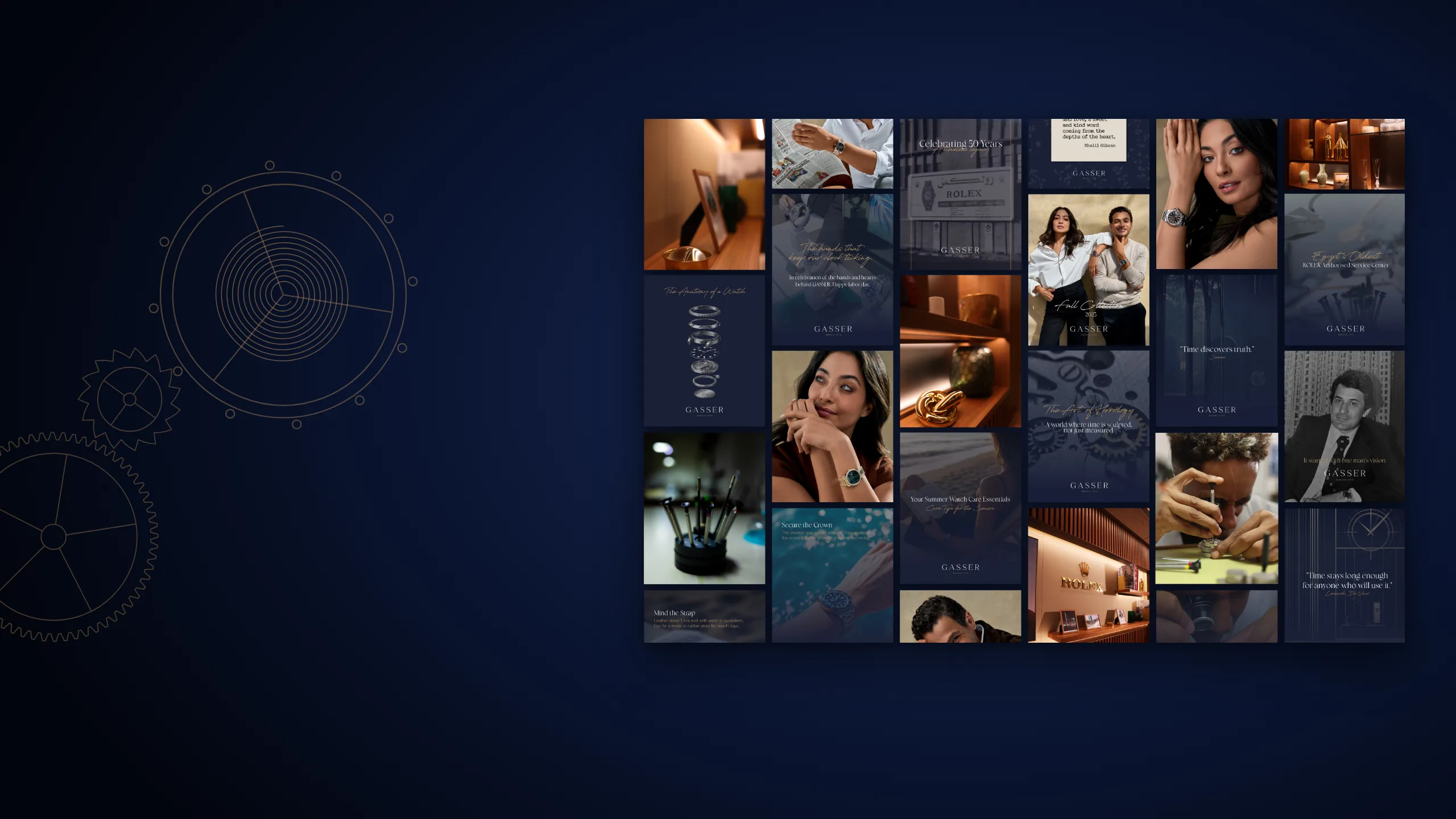 A collage of GASSER social content: portraits, watchmaking, the boutique and editorial posts.