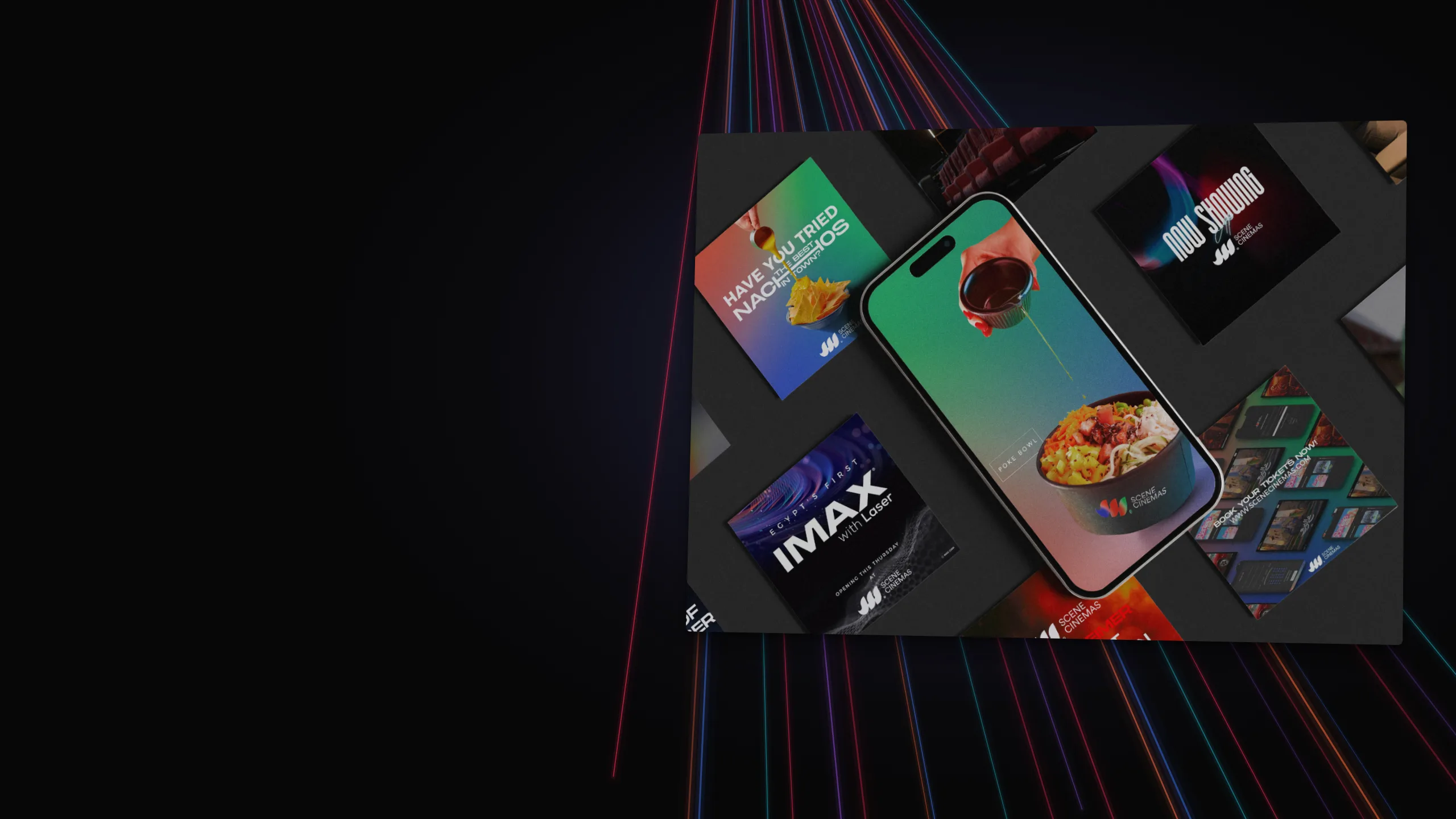 Scene Cinemas IMAX with Laser launch campaign: social posts and the app laid out together.