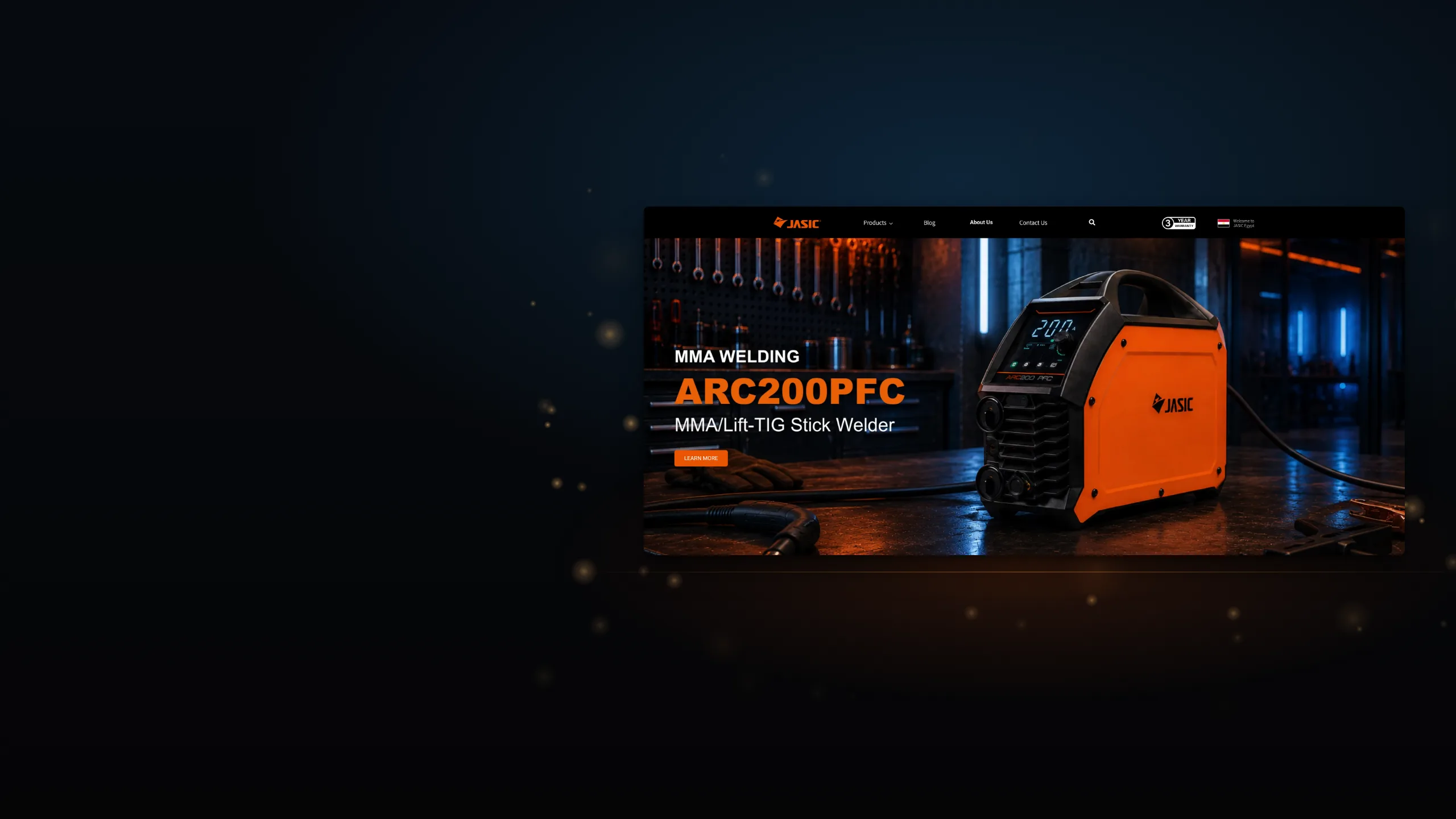The JASIC website hero for the ARC200PFC stick welder.