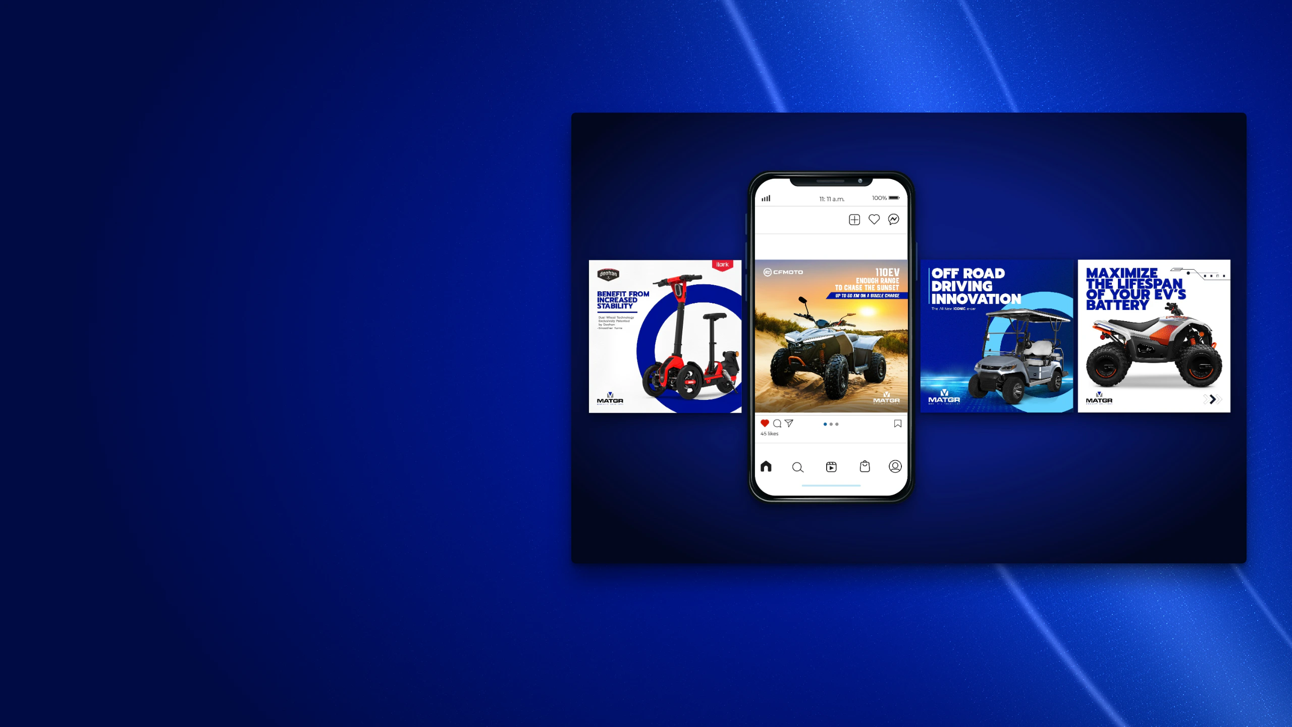 MATGR social campaign posts for its electric vehicles, around a phone feed.