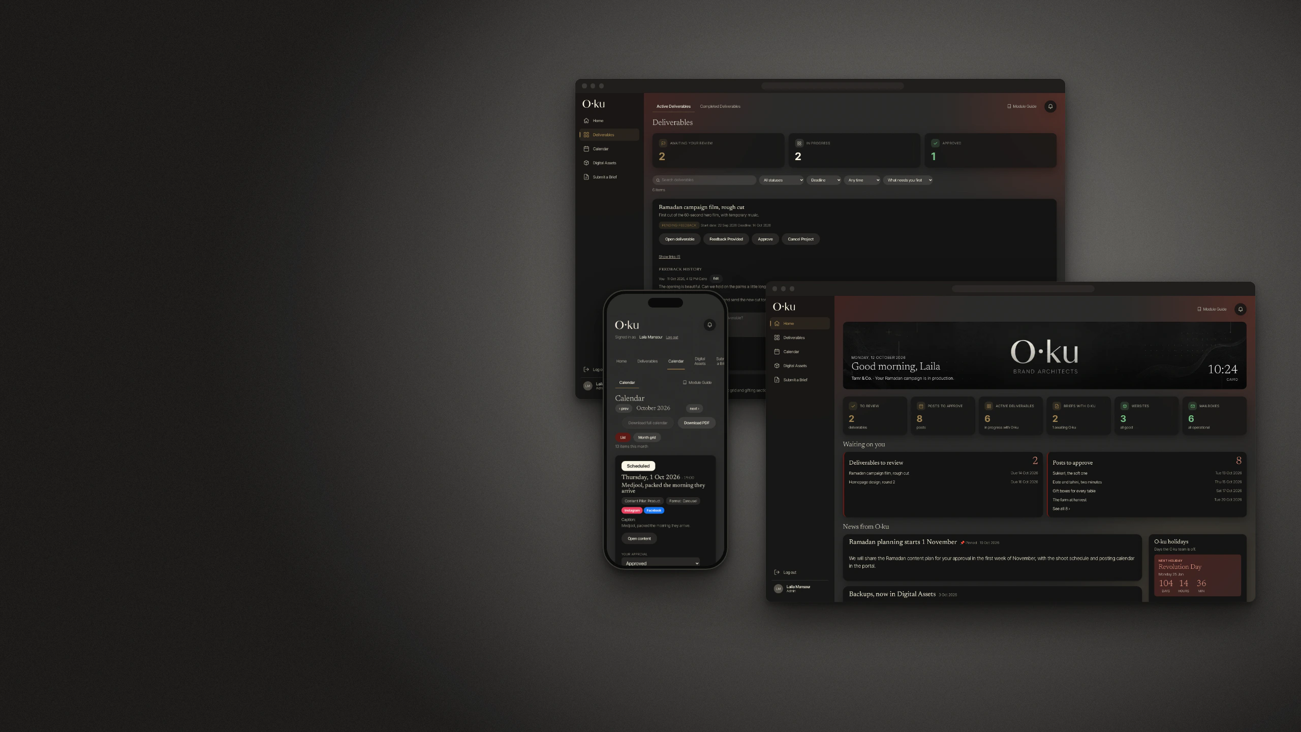 The O·ku client portal on a laptop and a phone: the Home screen, Deliverables and the content calendar
