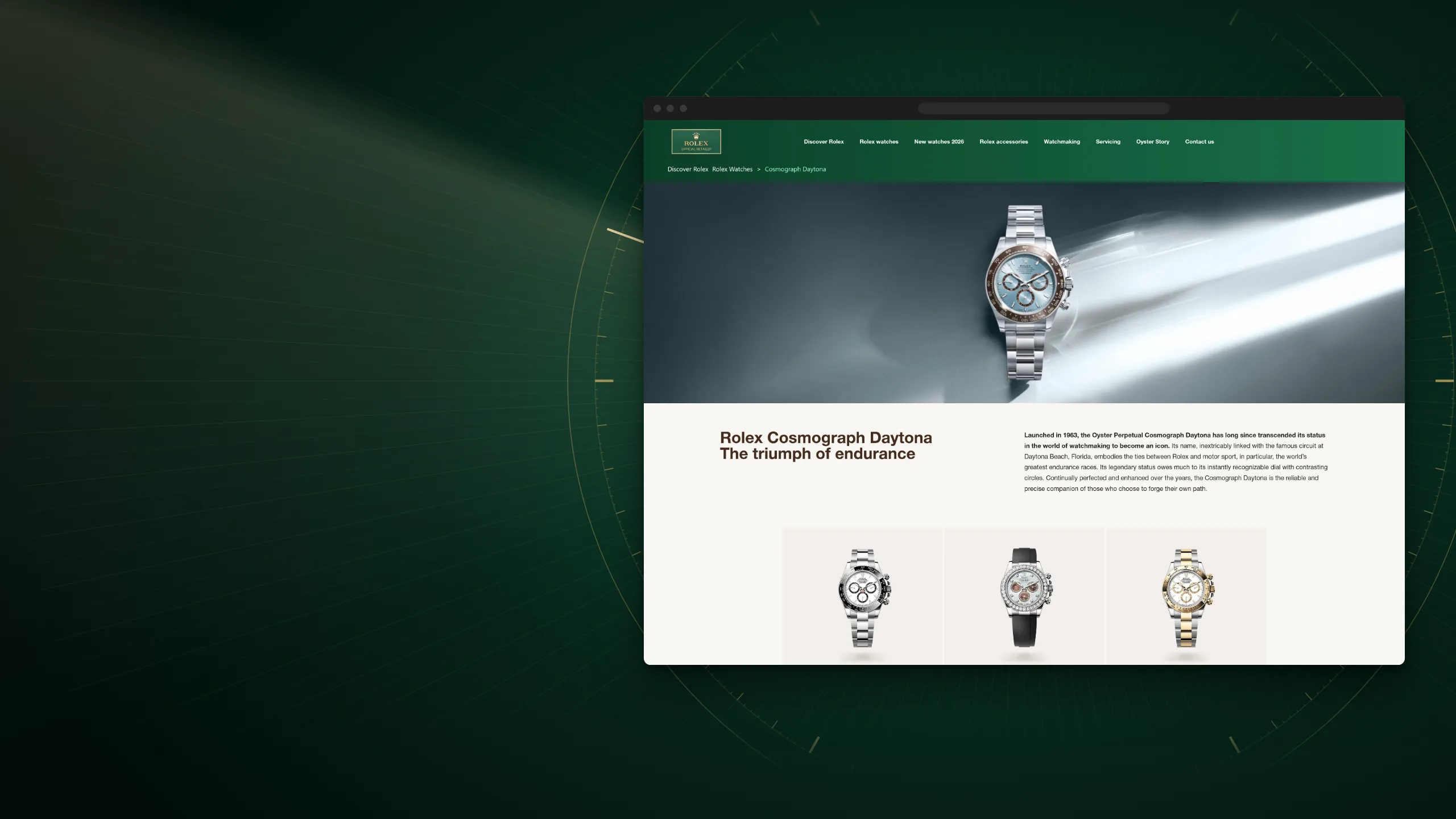 The Rolex collection site O·ku built for Egypt: the Cosmograph Daytona page, from the hero to the model line-up.
