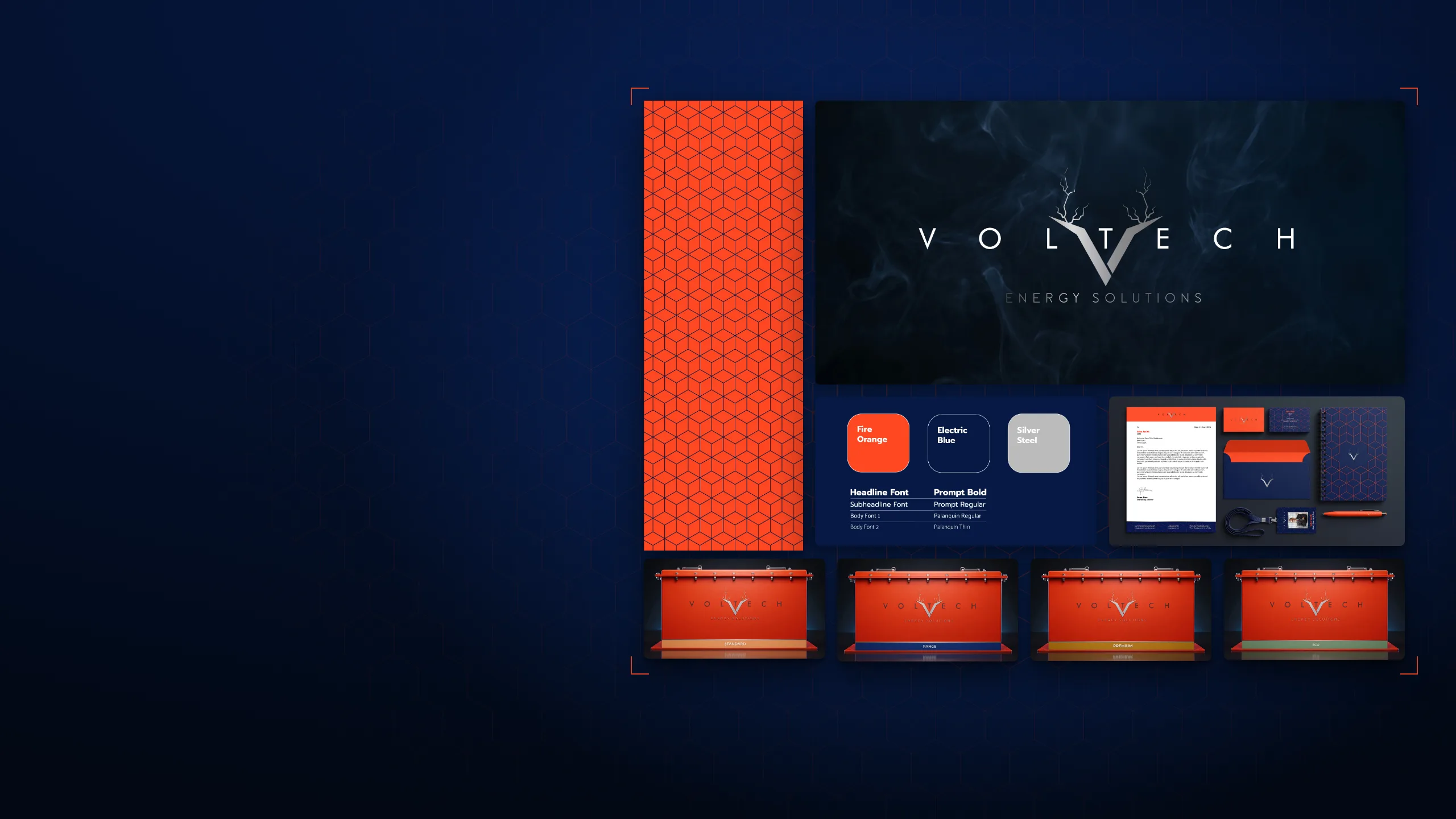 The Voltech identity, logo, hex pattern, palette and stationery, above the four-battery product line.